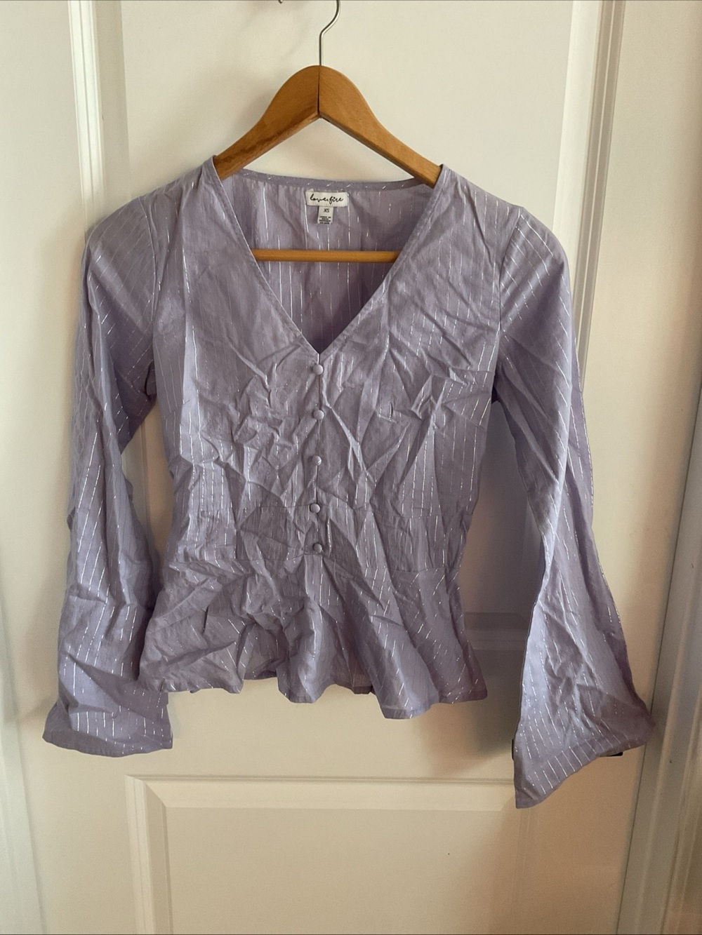 love, Fire - Lavender V-Neck Peplum Blouse with Subtle Shimmer - Ladies Size XS